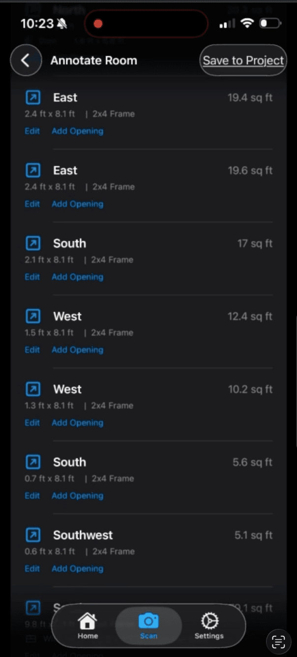 Annotation screen listing every wall detected in the room with orientation and area